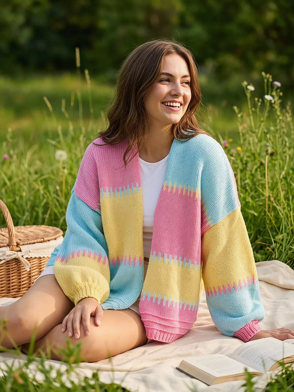 Woman wearing an Evie's Dreamland color-block V-neck cardigan in pastel pink, blue and yellow while picnicking.