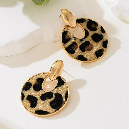 Evie's Dreamland leopard print circle dangle earrings in 18K gold-plated finish.