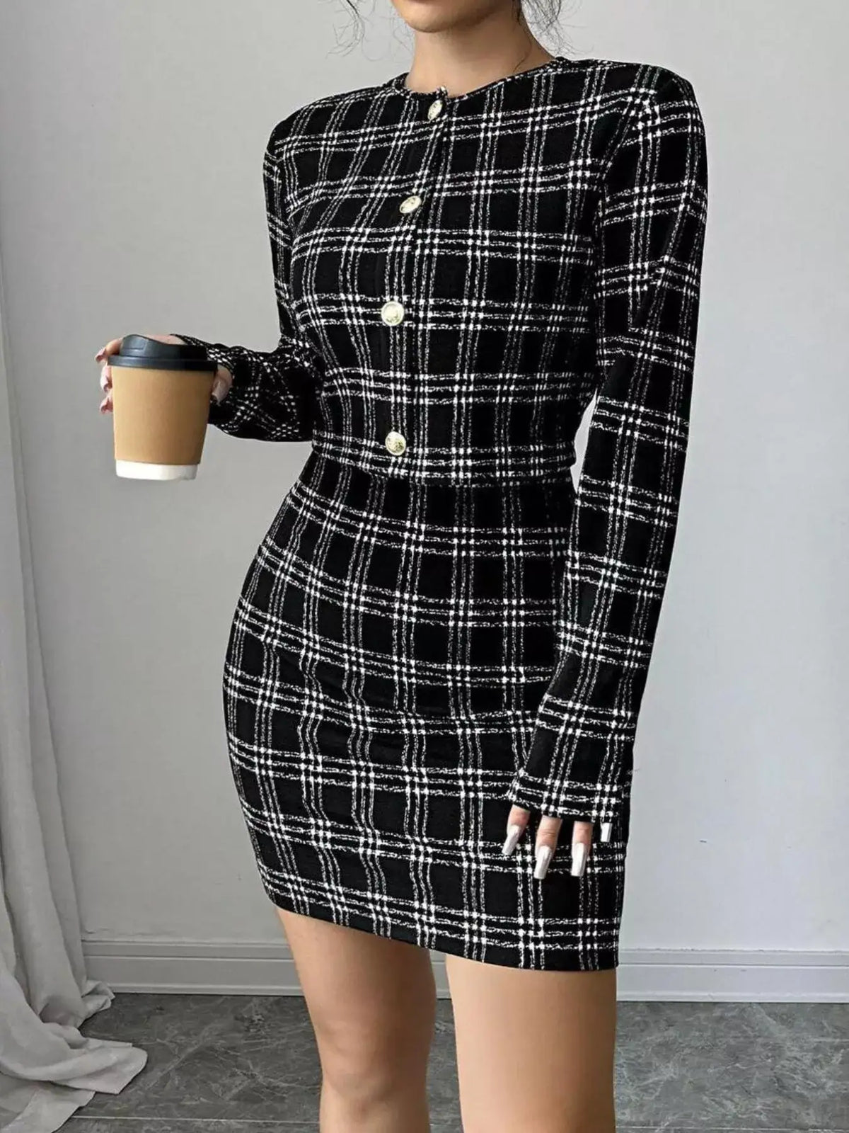 Black tweed cropped jacket with decorative buttons – women's two-piece matching set