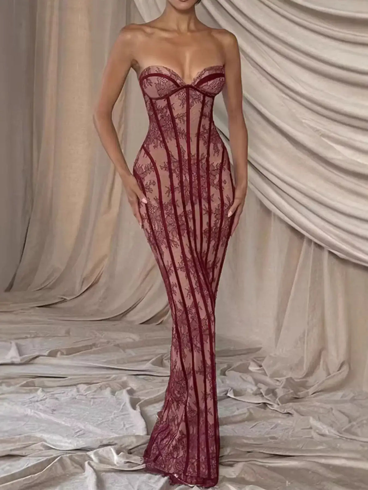 Black strapless lace maxi dress with high leg slit