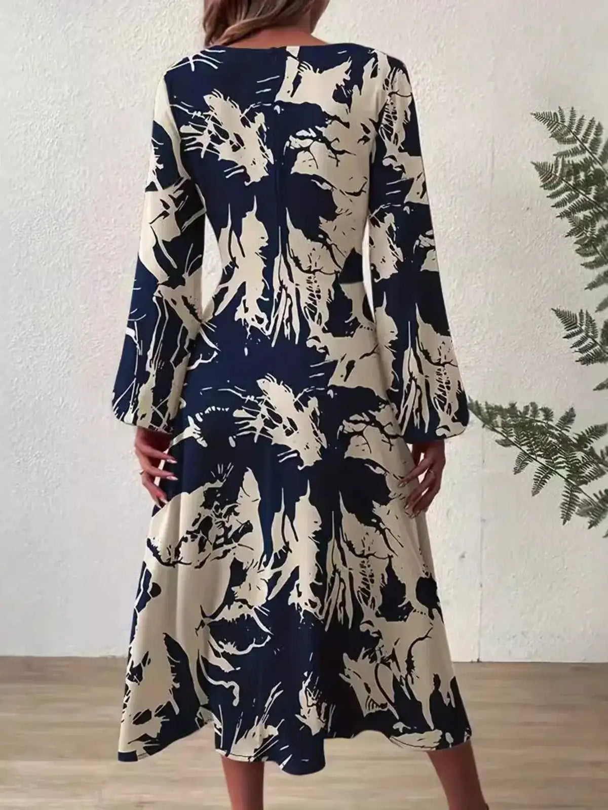Indigo printed midi dress styled look