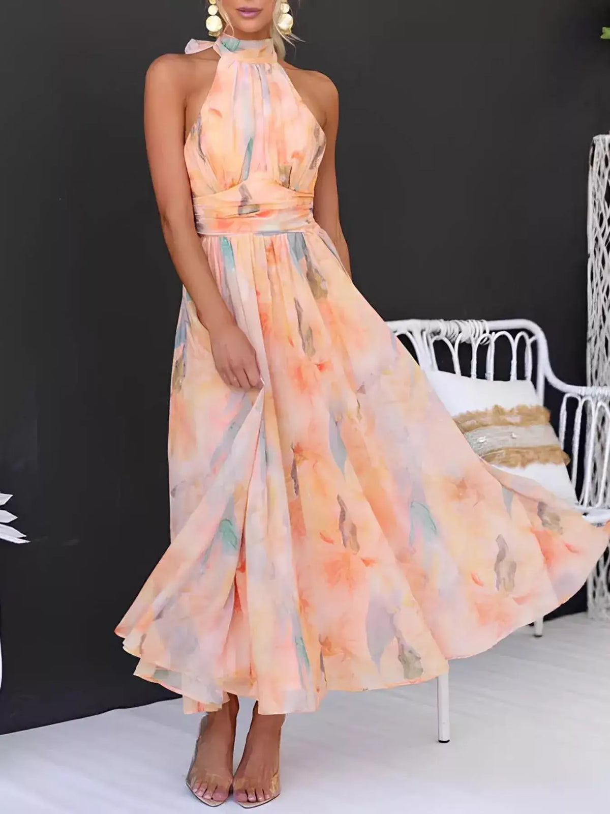 Peach floral halter neck backless maxi dress for wedding guests by Evie's Dreamland