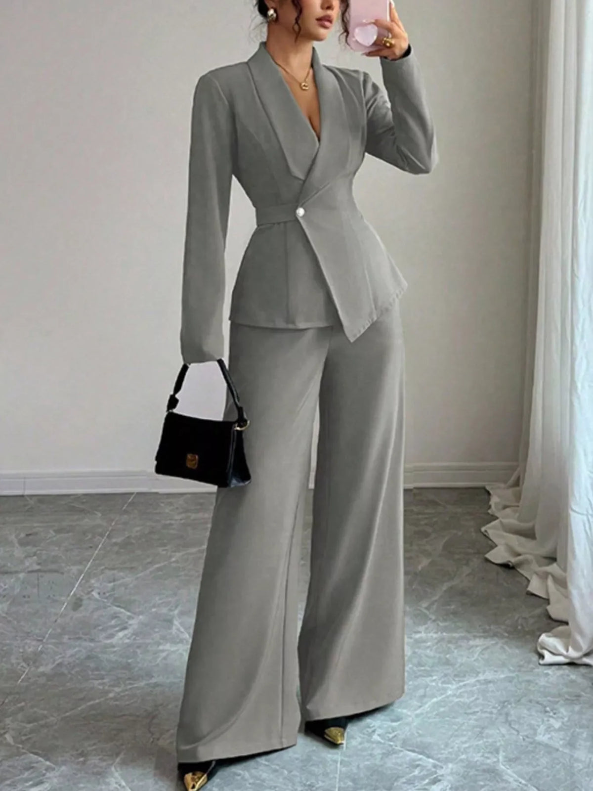 One Button Blazer and Pants Set Elegant Tailored Suit Style