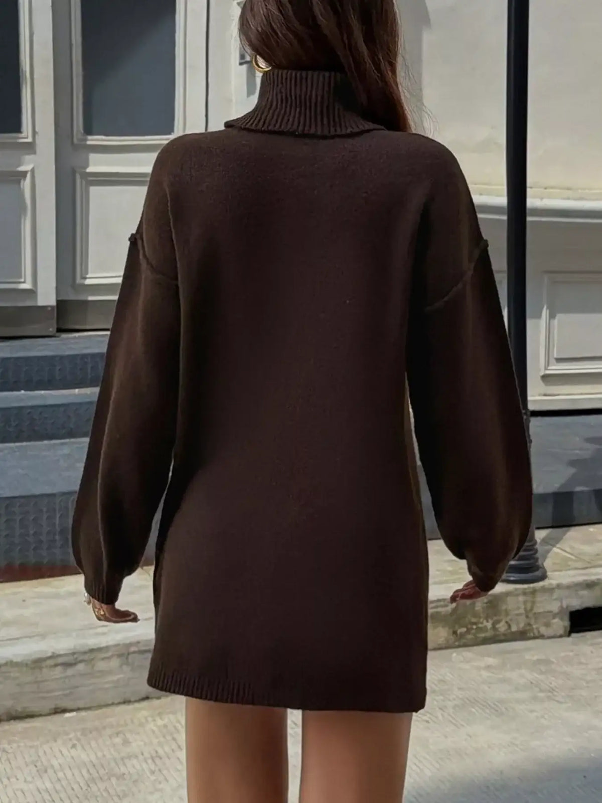 Brown turtleneck sweater dress styled for fall