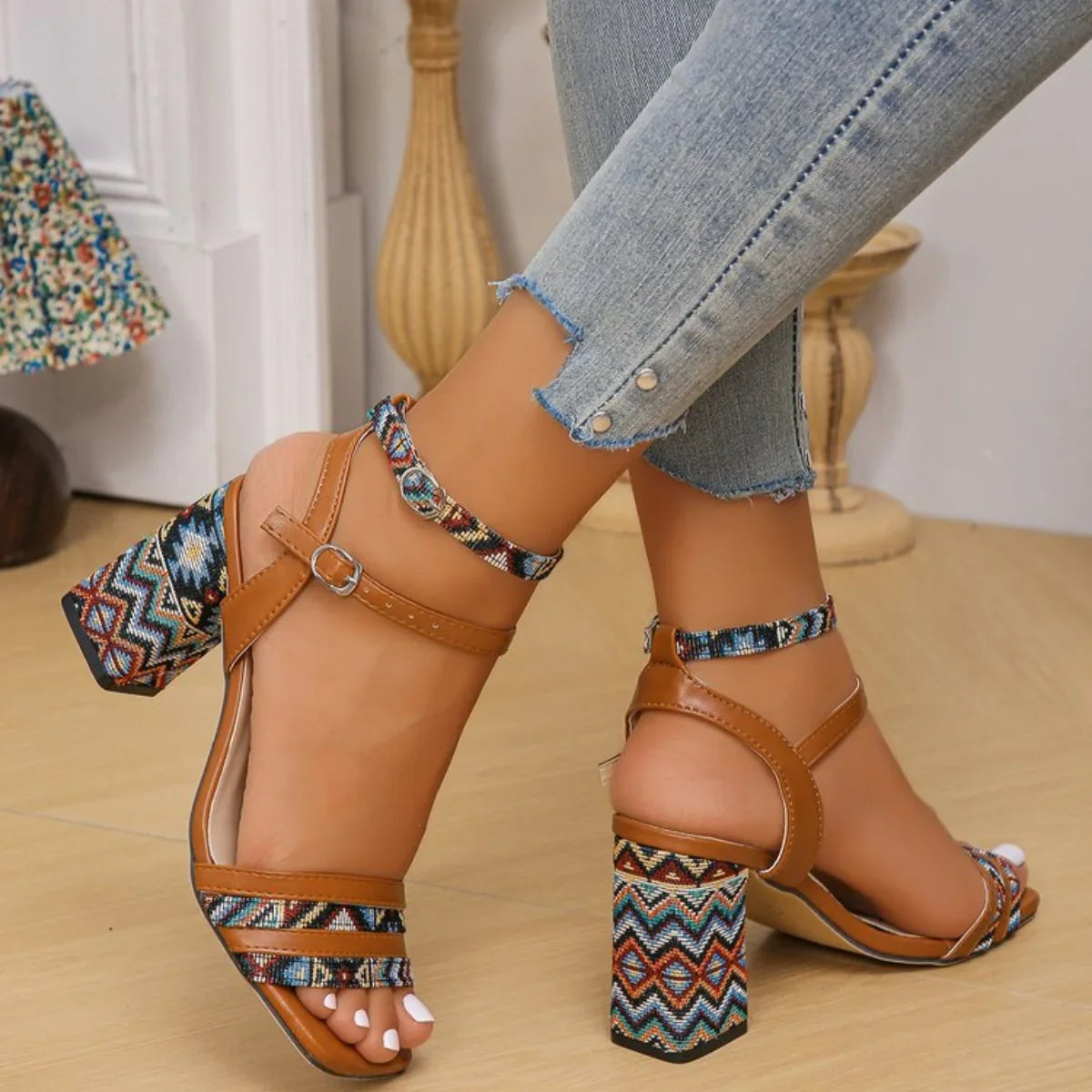 Women's neutral light brown block heel sandals, angled view