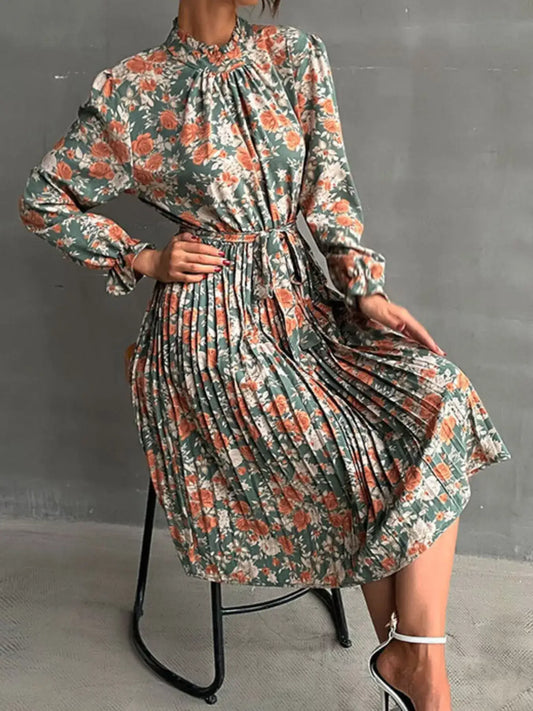 Green floral pleated midi dress with tie belt - side view