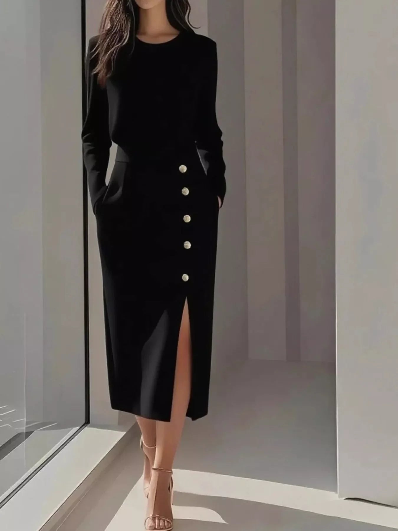 Long Sleeve Button Detail Midi Dress with Slit and Pockets