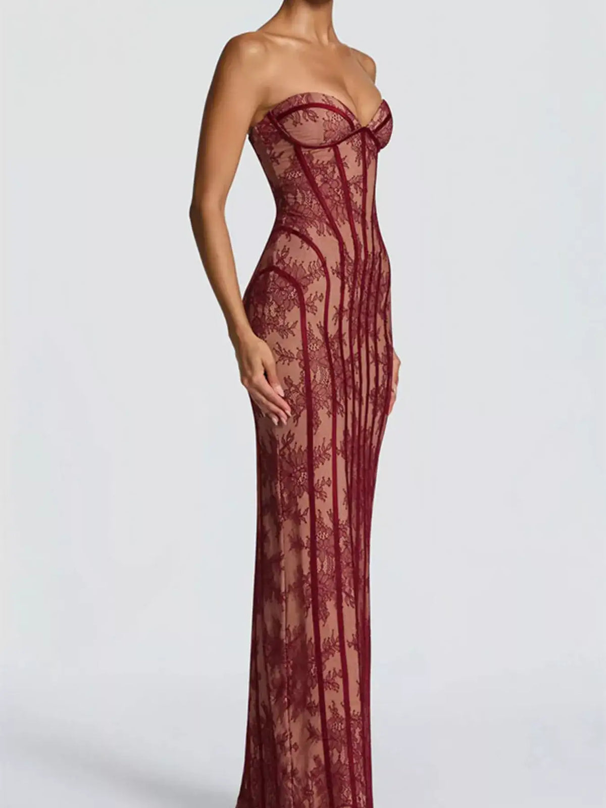 Strapless lace-up back maxi dress with slit, side view