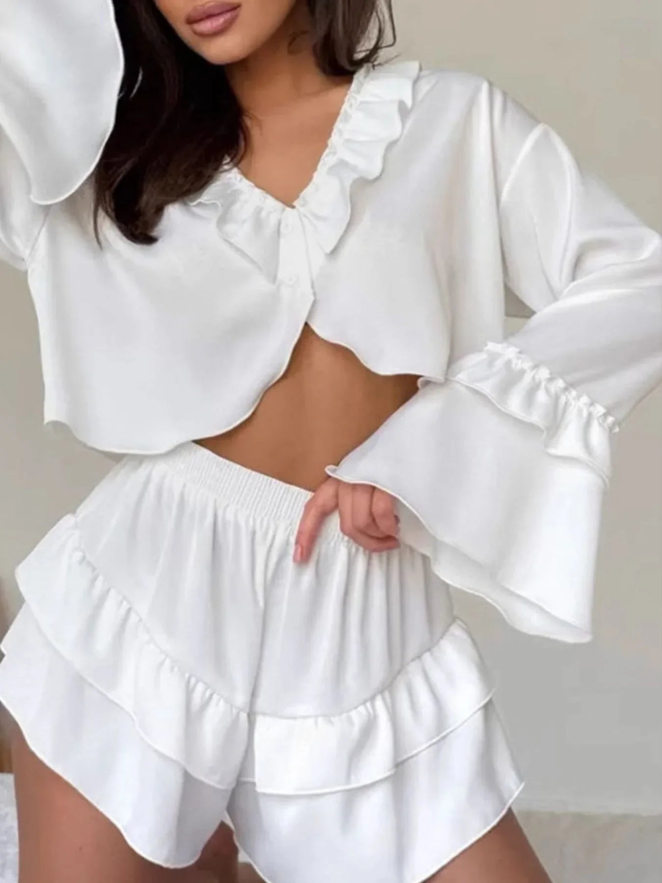 Ruffled V Neck Top and Shorts Set Two Piece Chic Summer Outfit