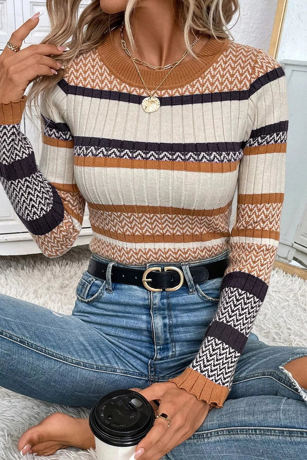 Striped Ribbed Knit Slim Sweater