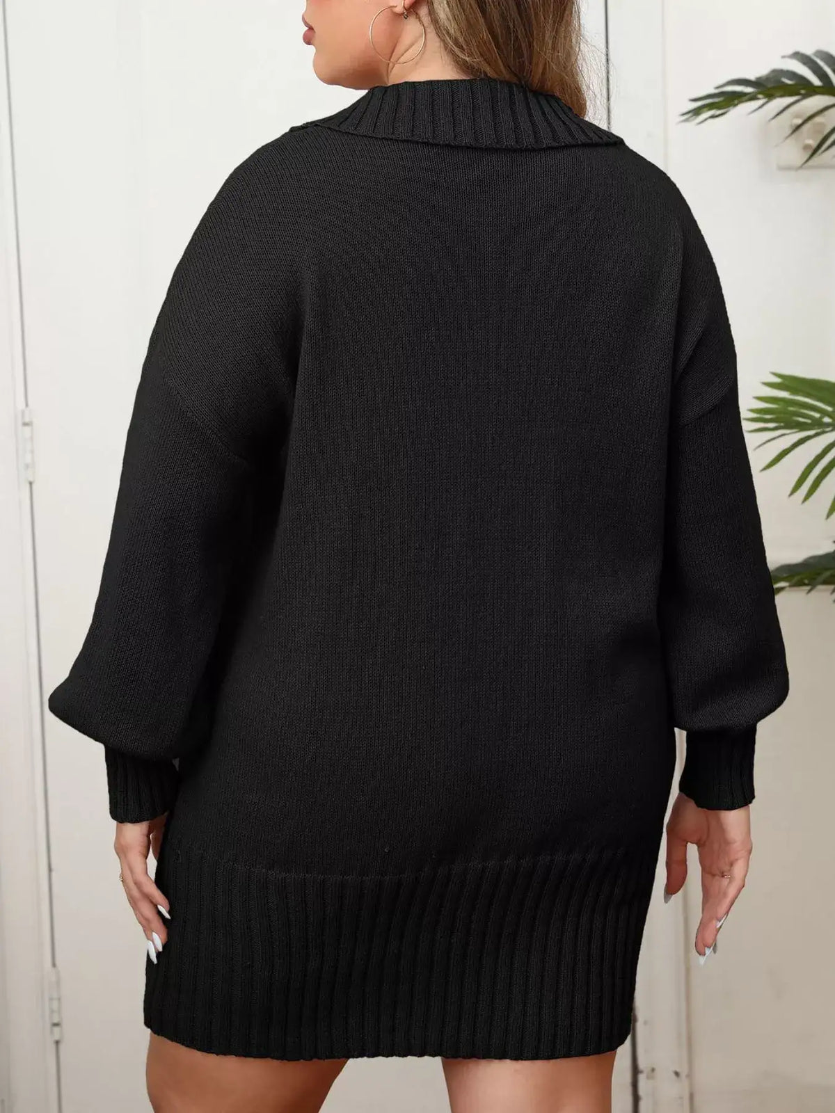Back view of a black plus size ribbed hem sweater dress by Evie's Dreamland with long sleeves.