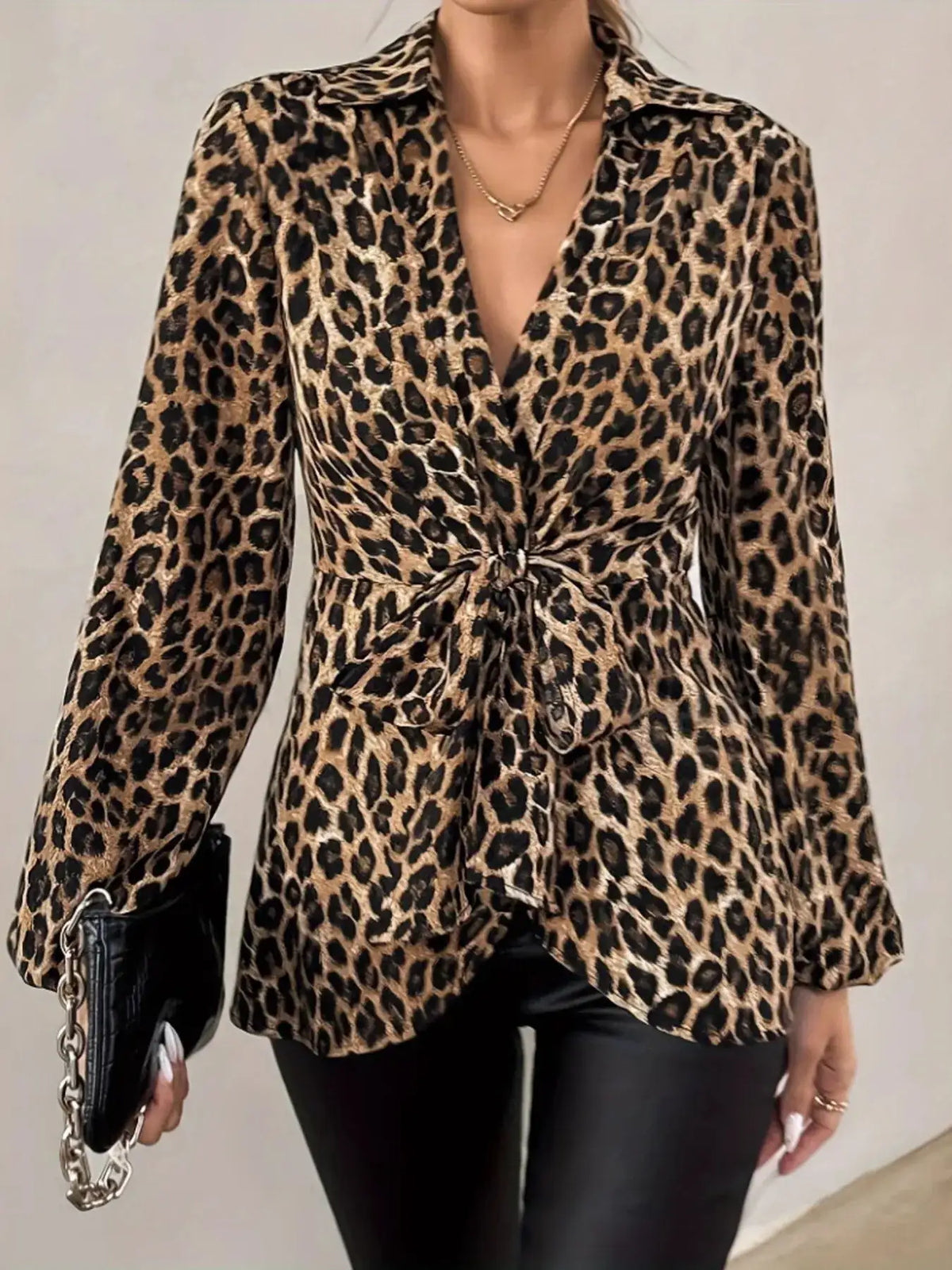 Leopard tie front blouse - tie detail