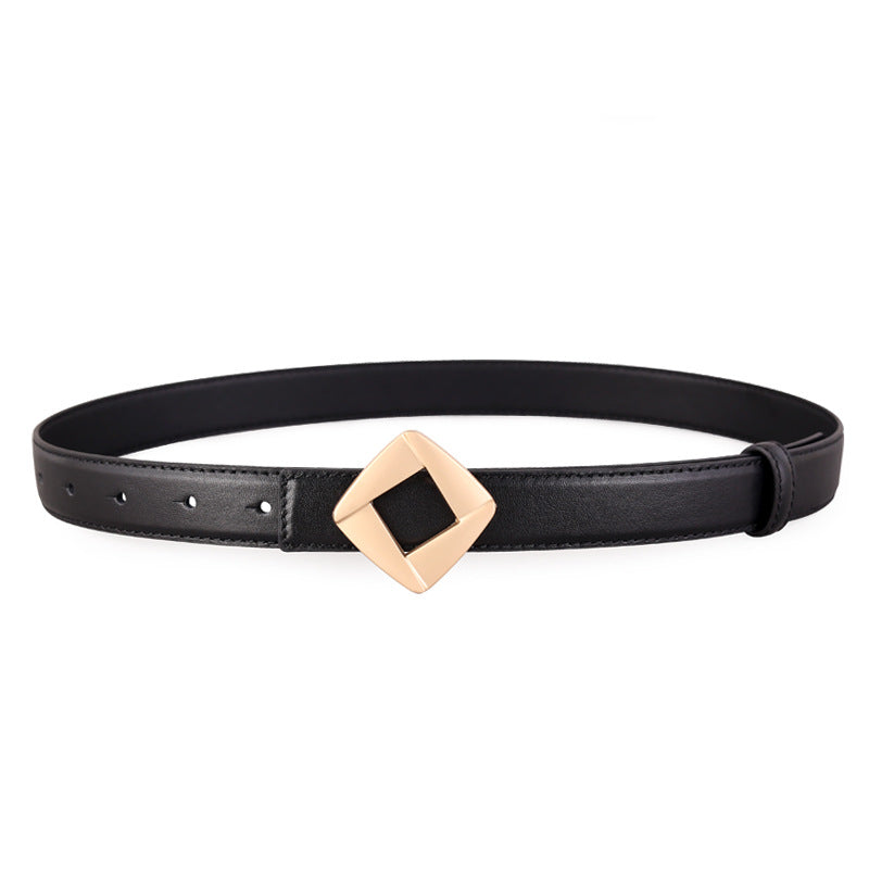 Black leather belt with a gold diamond-shaped buckle