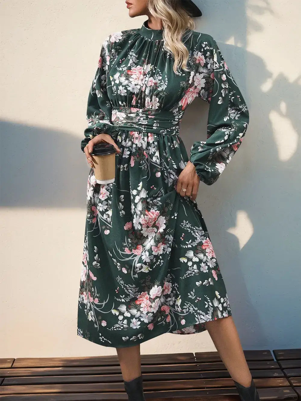 Printed mock neck long sleeve midi dress for women - detail