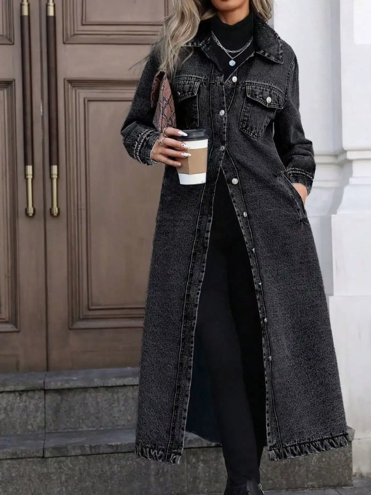 Women's longline denim jacket styled for a casual outfit