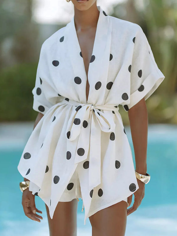 Polka dot tie-waist top and shorts set — cute summer two-piece outfit