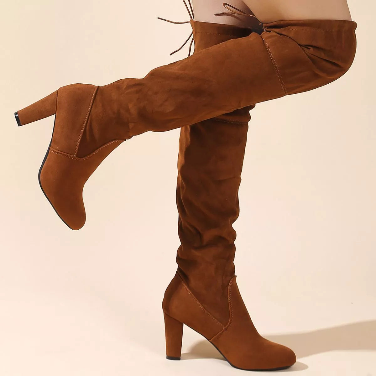 Women's brown faux suede over-the-knee boots with block heels