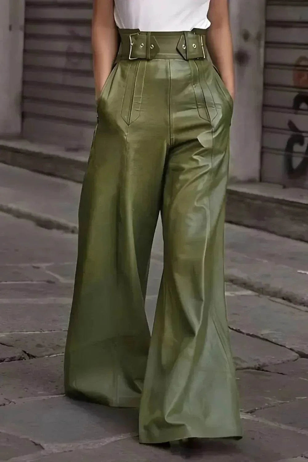 High-waisted wide-leg green leather pants with front belt and pockets