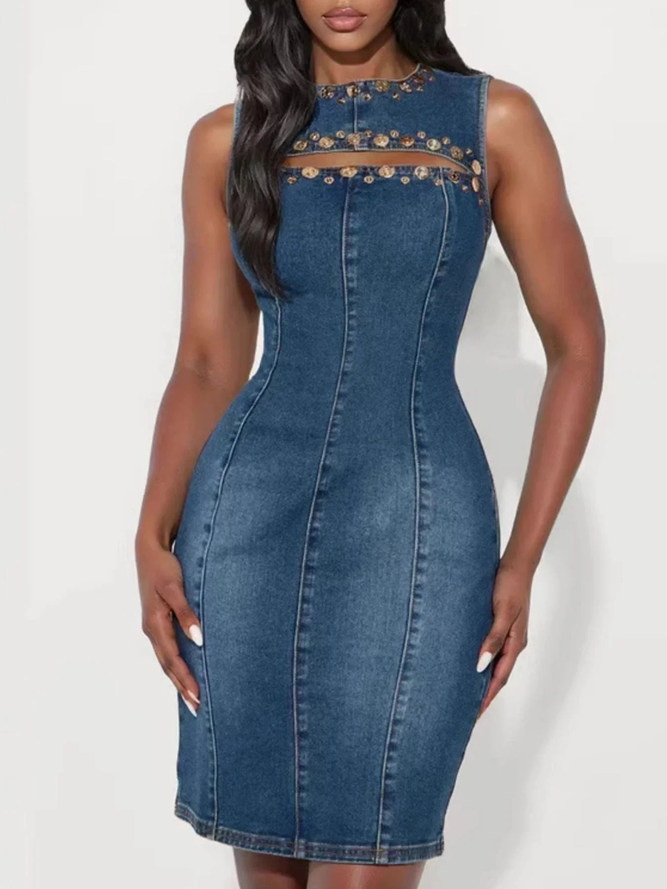 Sleeveless denim bodycon dress with gold stud details and front mesh panel