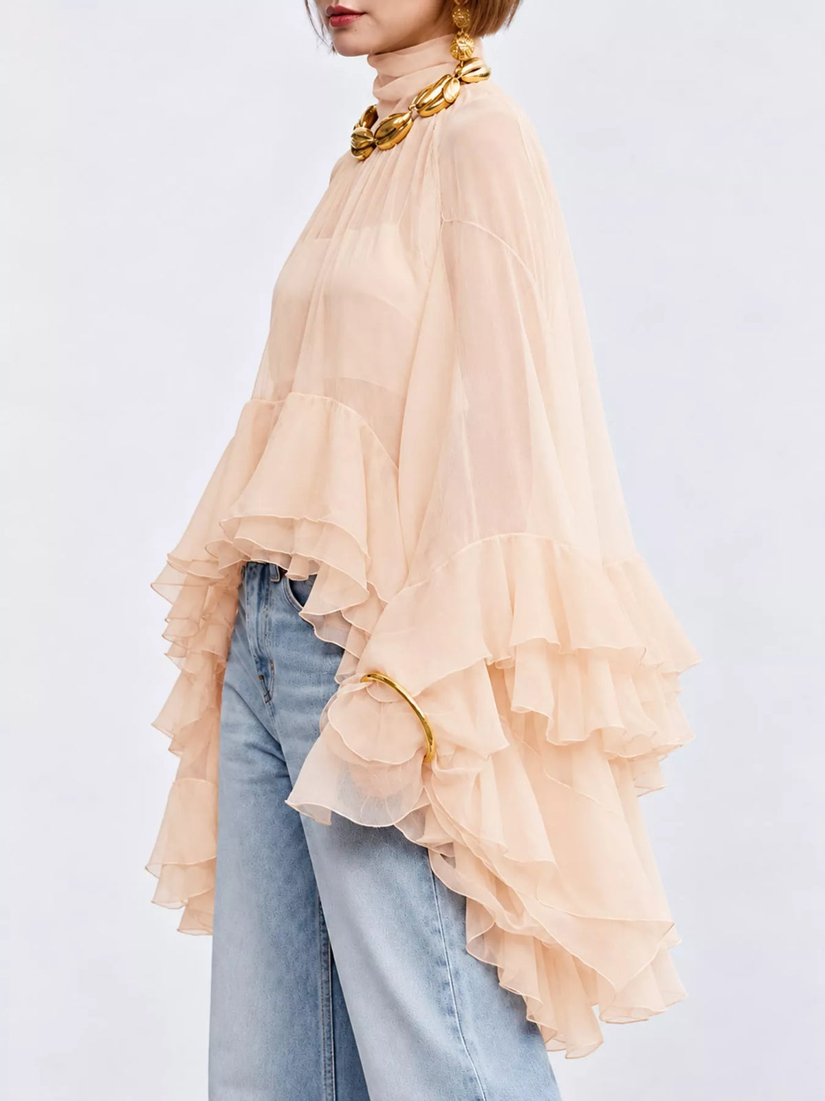 Ruffled turtleneck sheer blouse - ruffle detail
