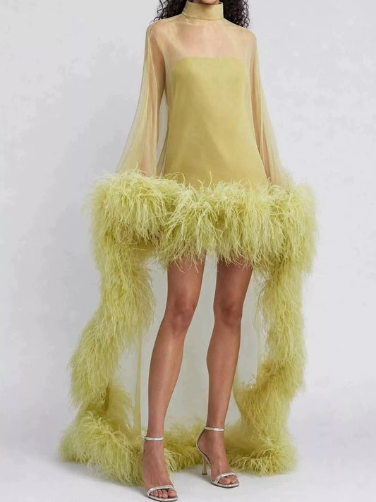 Green feather-trimmed sheer mock neck mini dress - front view