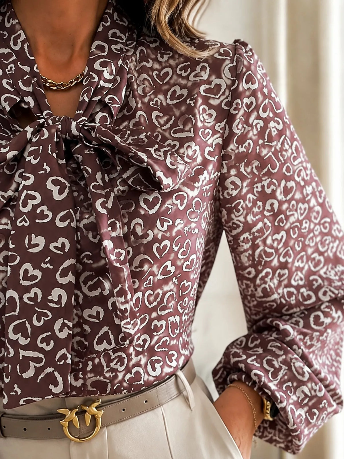 Mauve bow tie neck blouse - side view