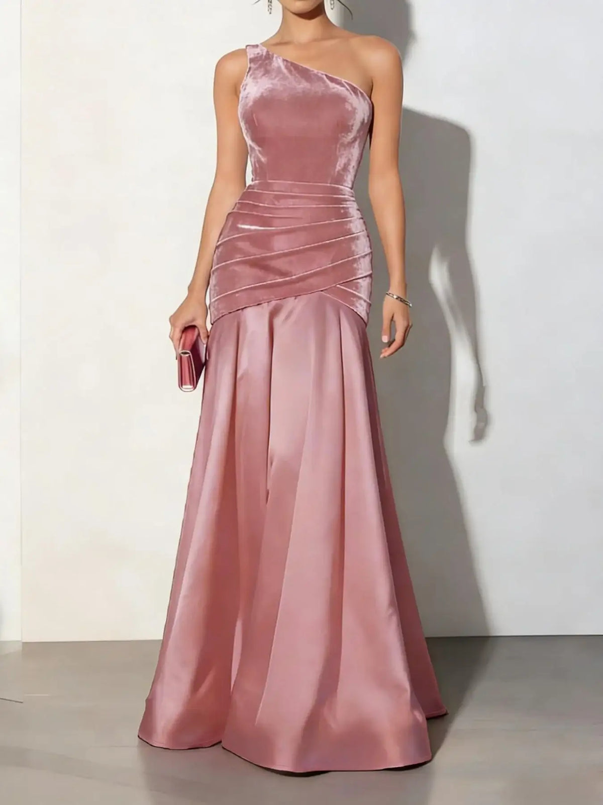 Dusty rose velvet one-shoulder mermaid maxi dress by Evie's Dreamland with ruched waist and satin skirt.