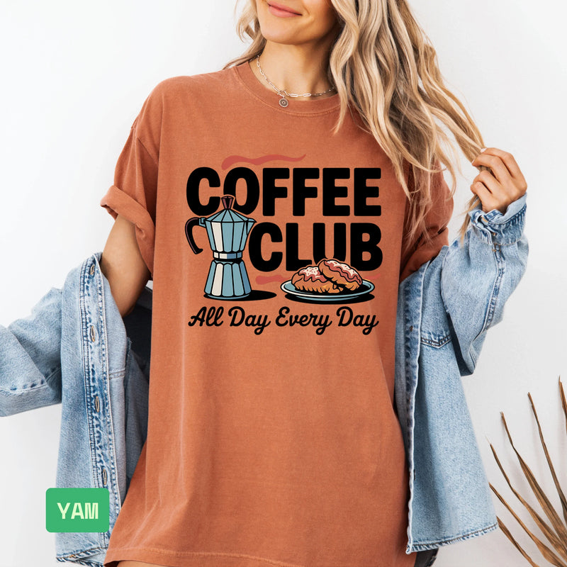 Coffee Club T-Shirt – Retro Coffee & Croissant Graphic Tee Gift for Coffee Lovers - Evie's Dreamlands