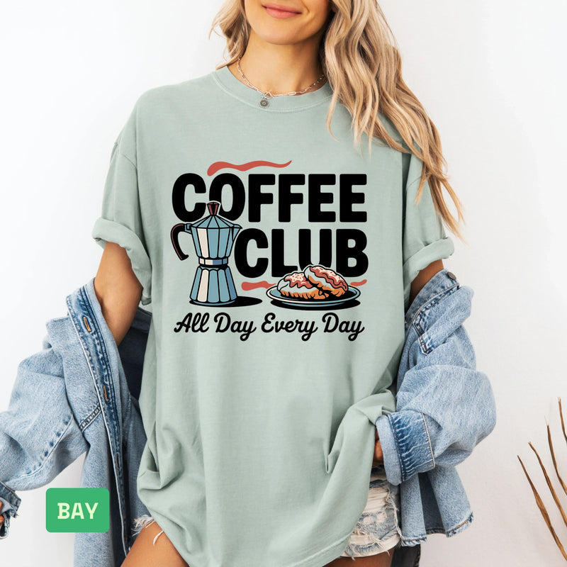 Coffee Club T-Shirt – Retro Coffee & Croissant Graphic Tee Gift for Coffee Lovers - Evie's Dreamlands