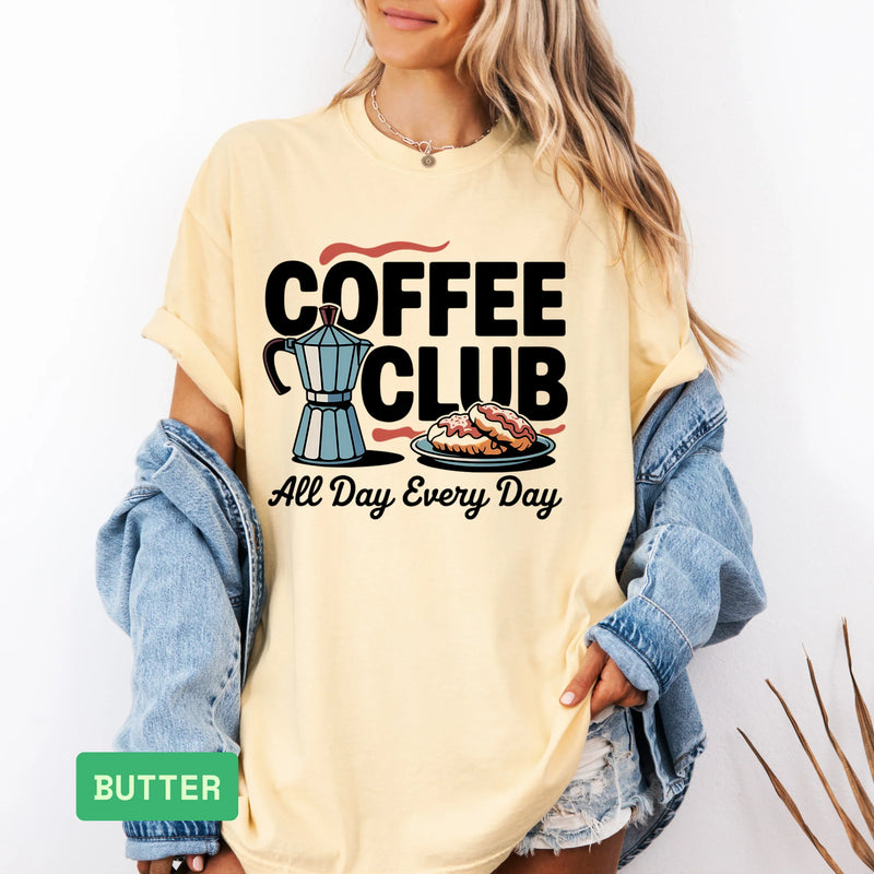 Coffee Club T-Shirt – Retro Coffee & Croissant Graphic Tee Gift for Coffee Lovers - Evie's Dreamlands