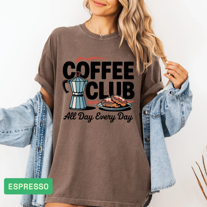 Coffee Club T-Shirt – Retro Coffee & Croissant Graphic Tee Gift for Coffee Lovers - Evie's Dreamlands