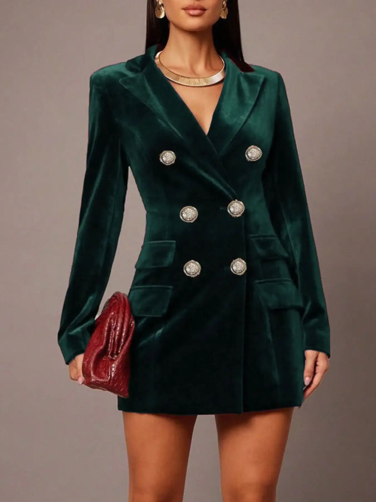 Dark green velvet double-breasted holiday dress