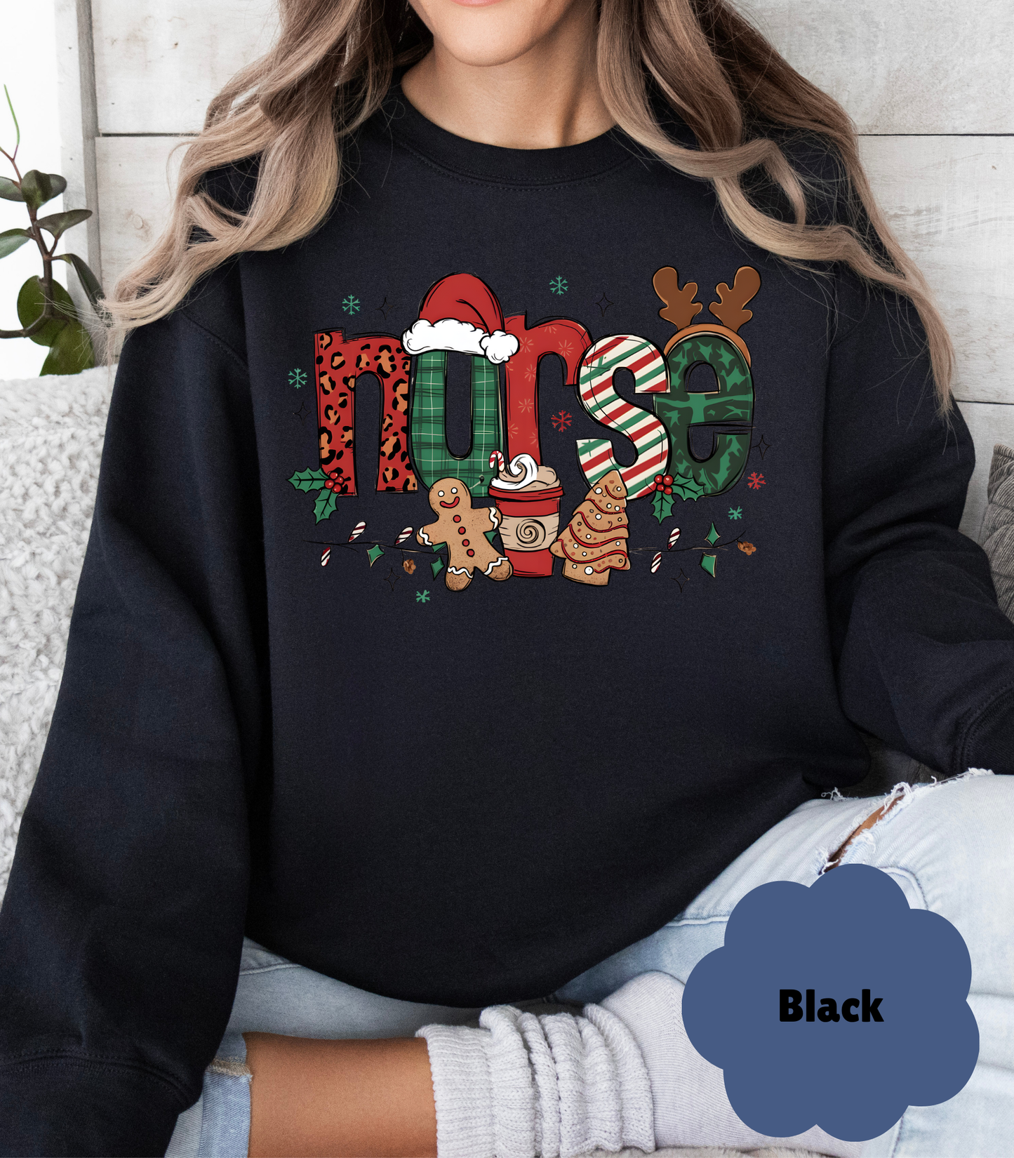 Cozy Nurse Christmas Sweatshirt | RN Gift for Her | Festive "Merry & Bright" Holiday Sweater - Evie's Dreamlands