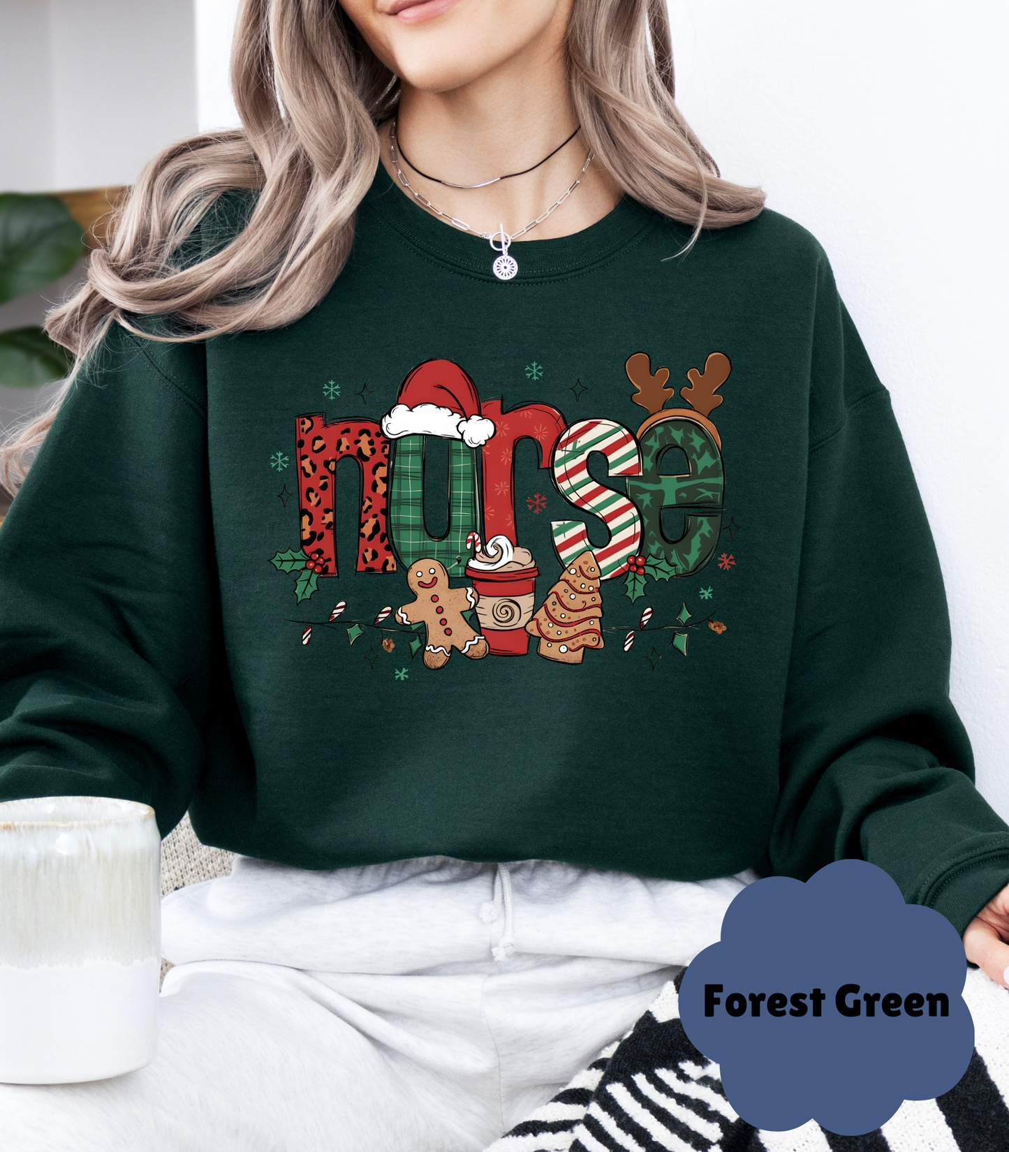 Cozy Nurse Christmas Sweatshirt | RN Gift for Her | Festive "Merry & Bright" Holiday Sweater - Evie's Dreamlands
