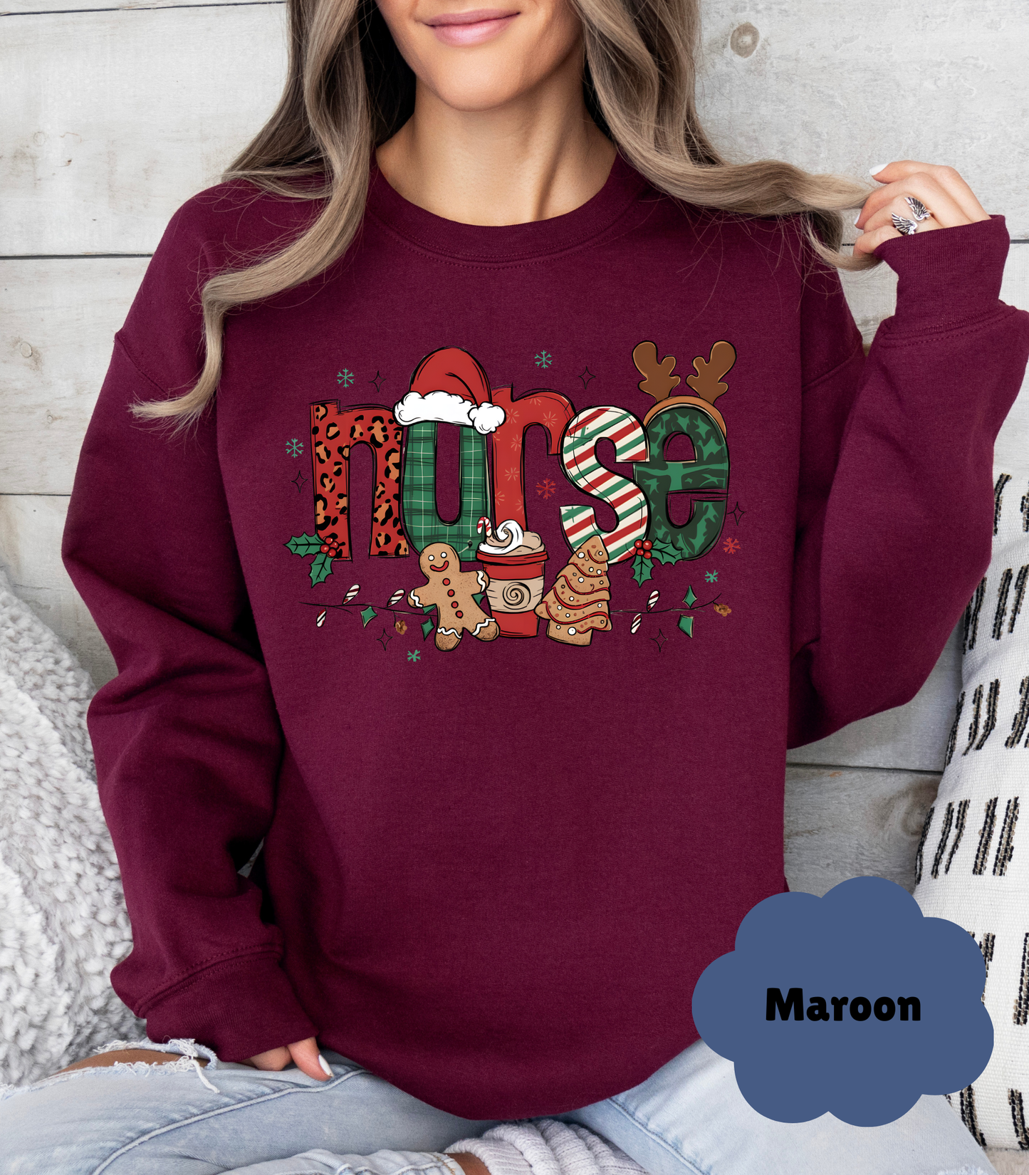 Cozy Nurse Christmas Sweatshirt | RN Gift for Her | Festive "Merry & Bright" Holiday Sweater - Evie's Dreamlands