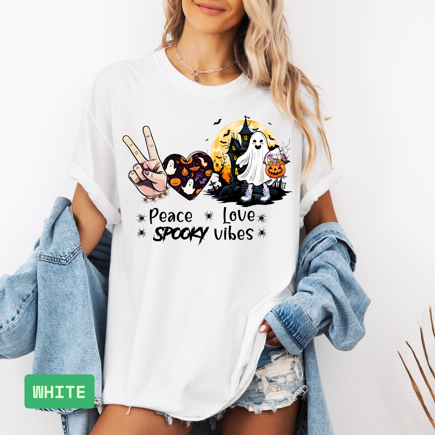 Peace Love Spooky Vibes Halloween T-Shirt | Cute Ghost Graphic Tee for Women | Haunted House Spooky Season Shirt - Evie's Dreamlands