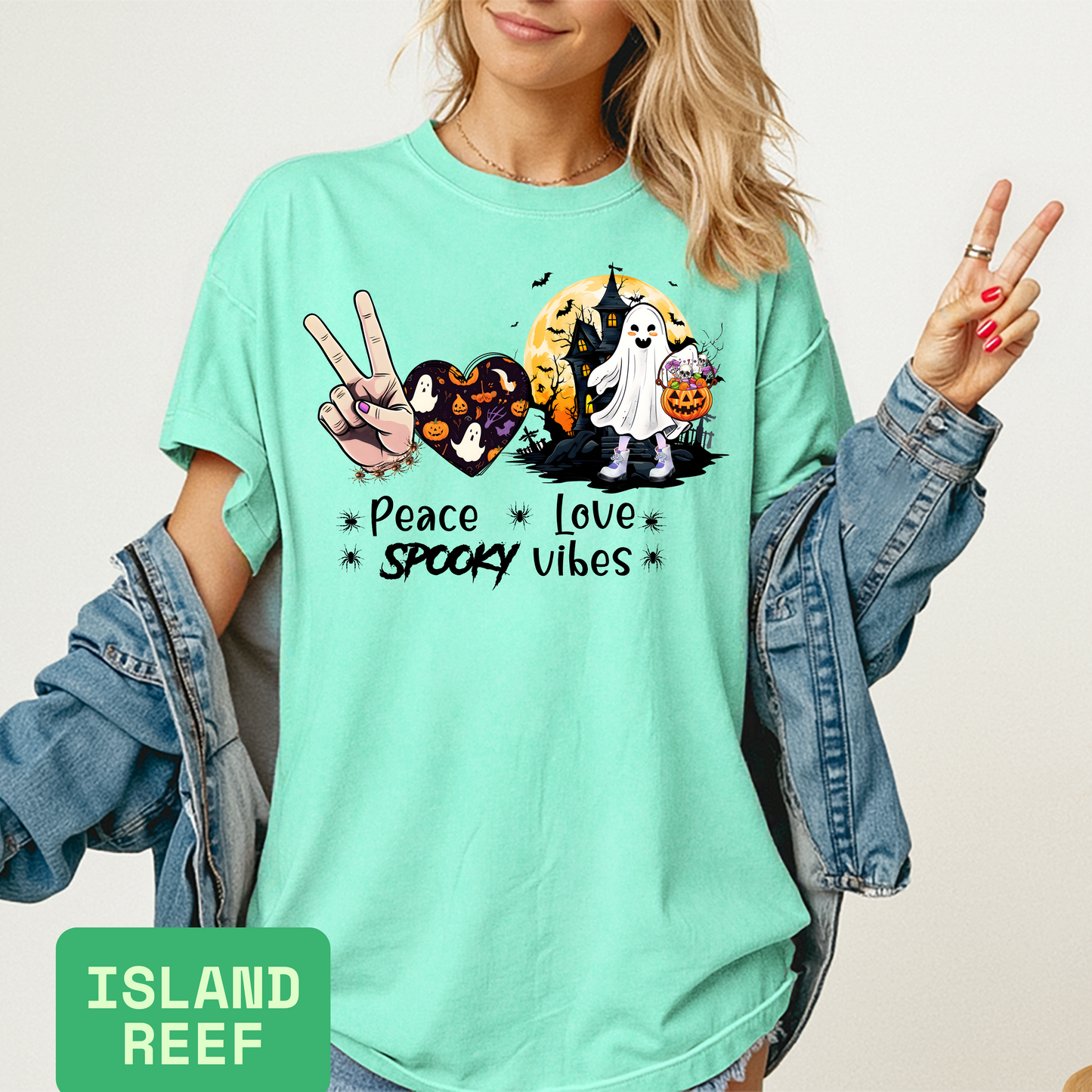 Peace Love Spooky Vibes Halloween T-Shirt | Cute Ghost Graphic Tee for Women | Haunted House Spooky Season Shirt - Evie's Dreamlands