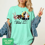 Peace Love Spooky Vibes T-Shirt: Retro Halloween & Cute Ghost Tee - Evie's Dreamlands