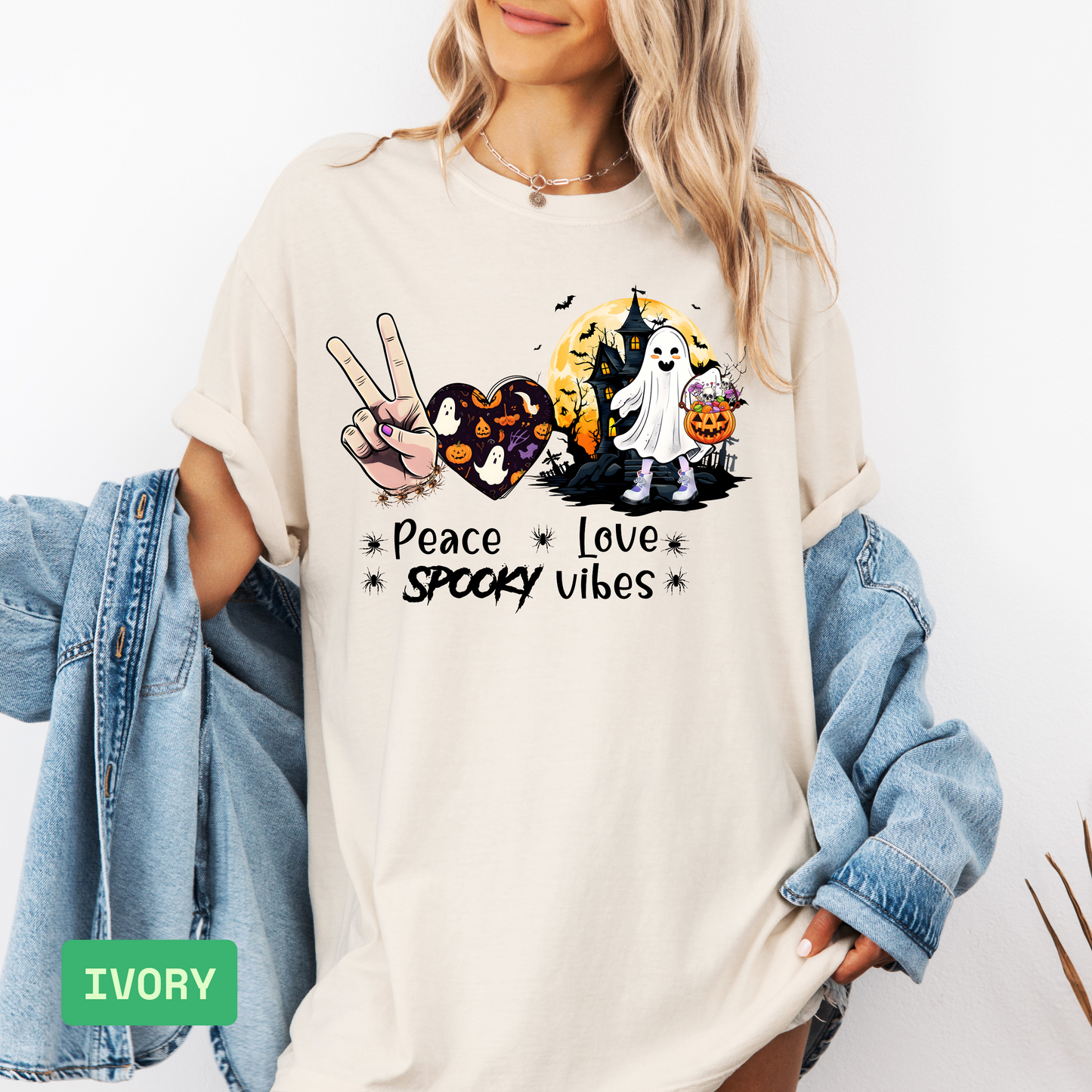 Peace Love Spooky Vibes Halloween T-Shirt | Cute Ghost Graphic Tee for Women | Haunted House Spooky Season Shirt - Evie's Dreamlands