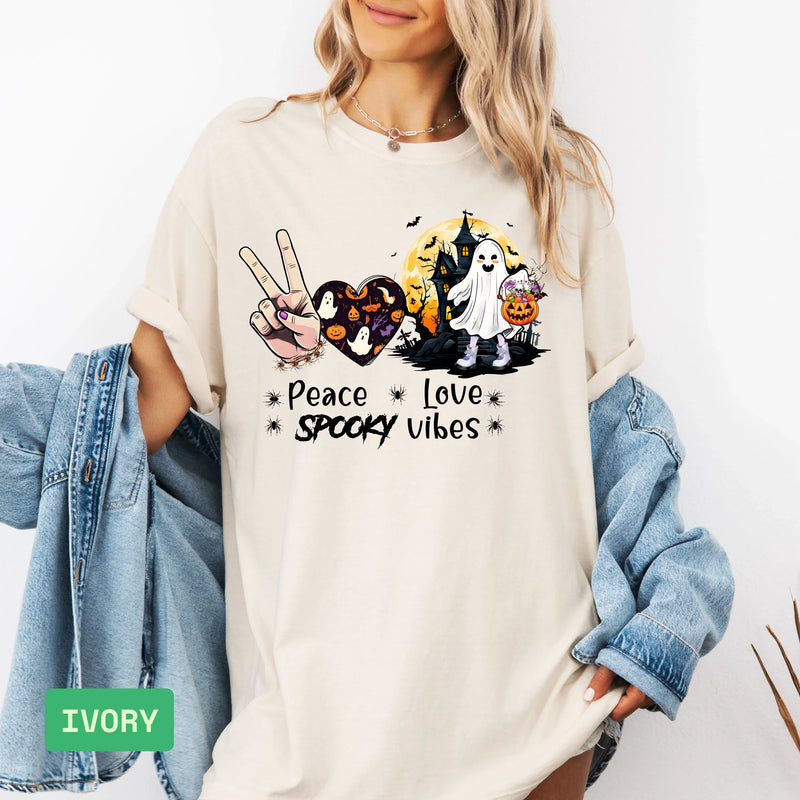 Peace Love Spooky Vibes T-Shirt: Retro Halloween & Cute Ghost Tee - Evie's Dreamlands
