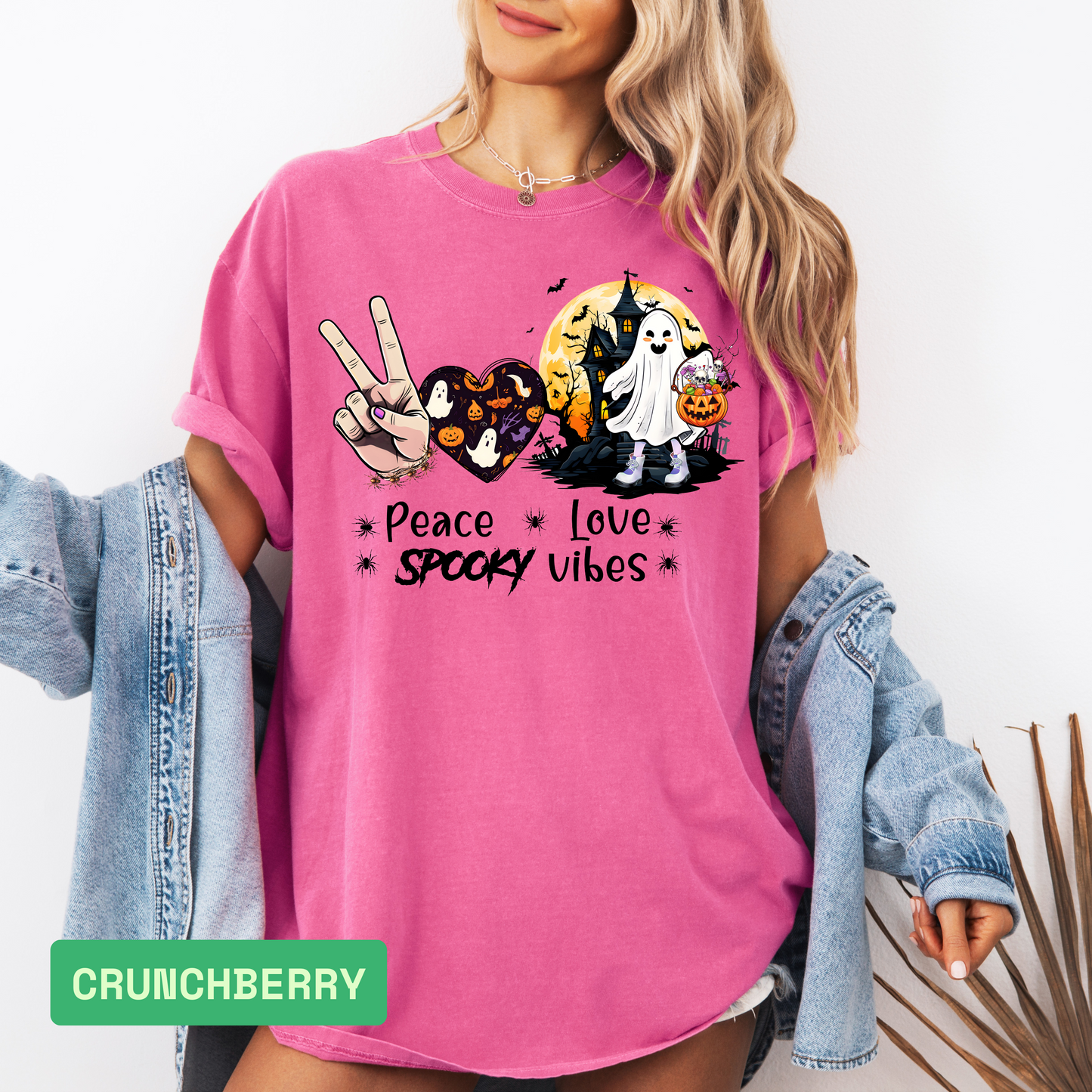 Peace Love Spooky Vibes Halloween T-Shirt | Cute Ghost Graphic Tee for Women | Haunted House Spooky Season Shirt - Evie's Dreamlands