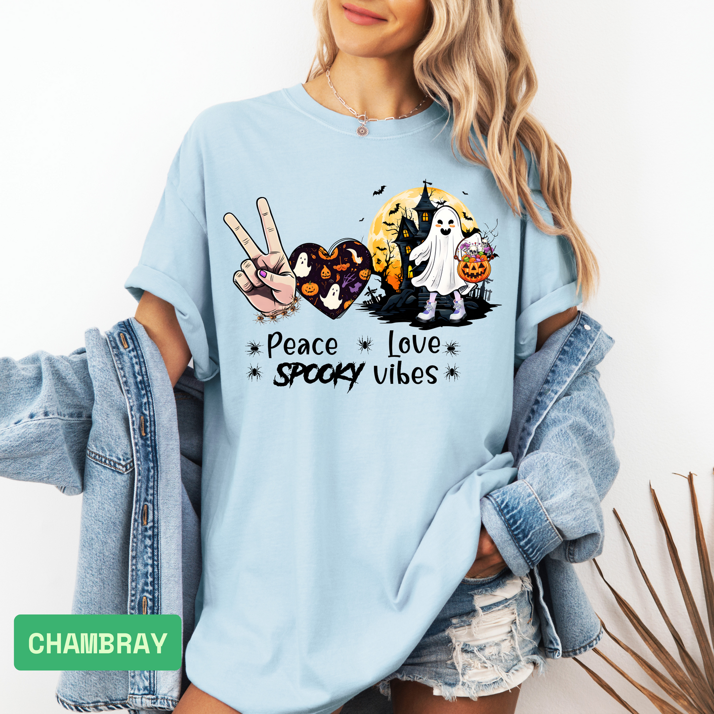 Peace Love Spooky Vibes Halloween T-Shirt | Cute Ghost Graphic Tee for Women | Haunted House Spooky Season Shirt - Evie's Dreamlands