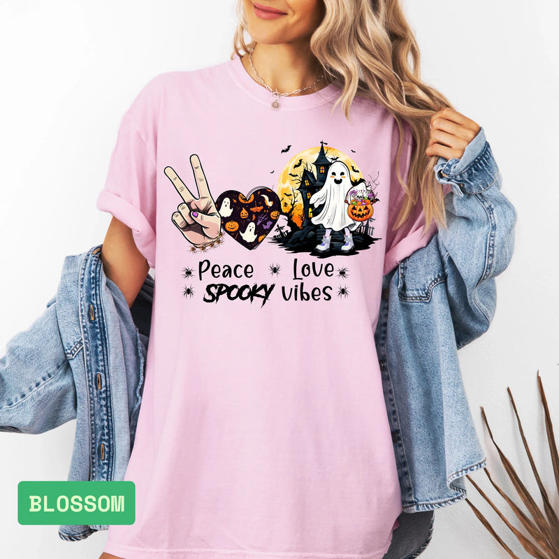 Peace Love Spooky Vibes T-Shirt: Retro Halloween & Cute Ghost Tee - Evie's Dreamlands