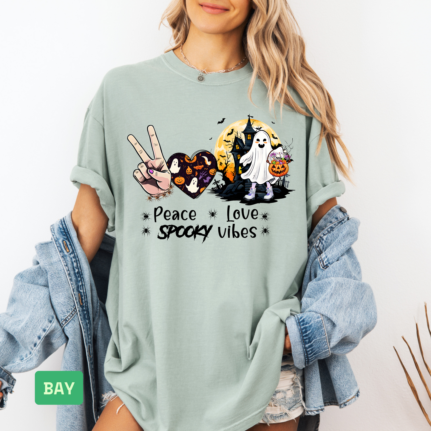 Peace Love Spooky Vibes Halloween T-Shirt | Cute Ghost Graphic Tee for Women | Haunted House Spooky Season Shirt - Evie's Dreamlands