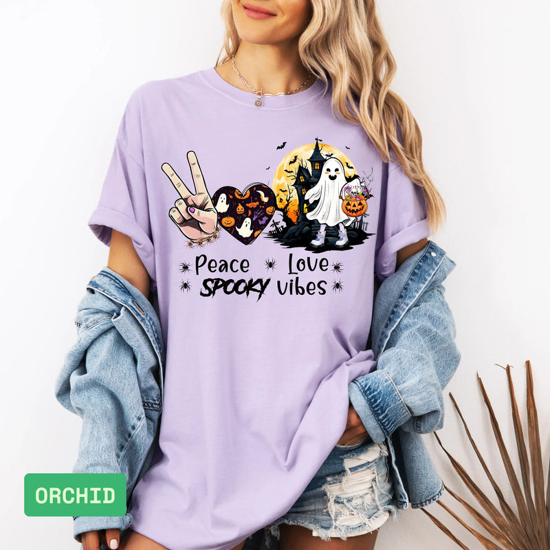 Peace Love Spooky Vibes T-Shirt: Retro Halloween & Cute Ghost Tee - Evie's Dreamlands