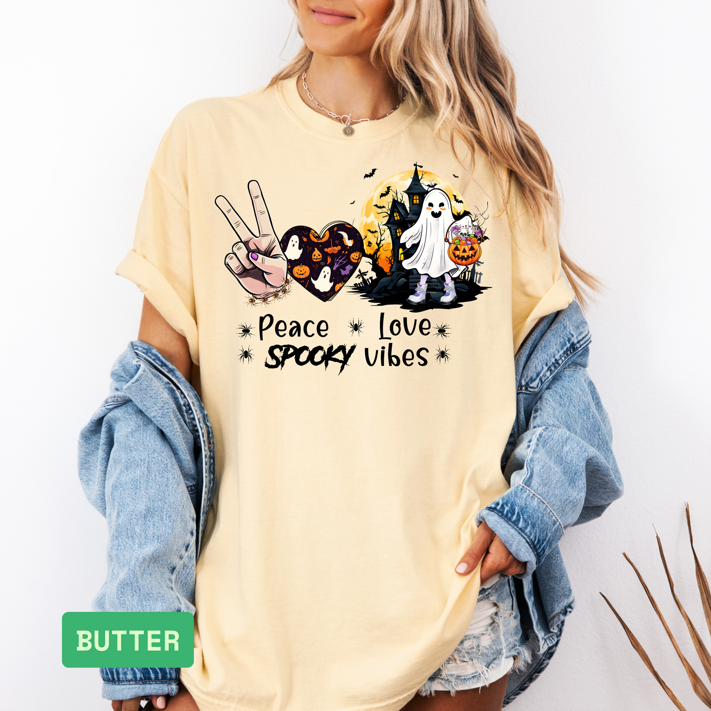 Peace Love Spooky Vibes Halloween T-Shirt | Cute Ghost Graphic Tee for Women | Haunted House Spooky Season Shirt - Evie's Dreamlands