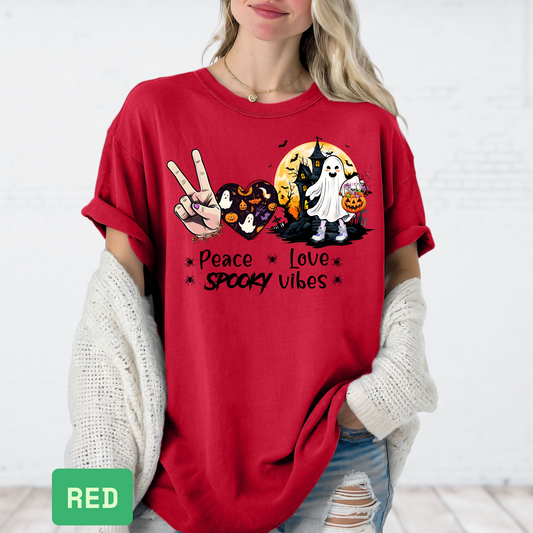 Peace Love Spooky Vibes Halloween T-Shirt | Cute Ghost Graphic Tee for Women | Haunted House Spooky Season Shirt - Evie's Dreamlands