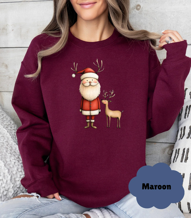 Cozy Santa & Reindeer Christmas Sweatshirt | Cute Coquette Holiday Sweater - Evie's Dreamlands