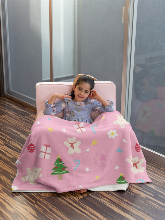 Velveteen Plush Christmas Throw Blanket with Santa and Snowman pattern.