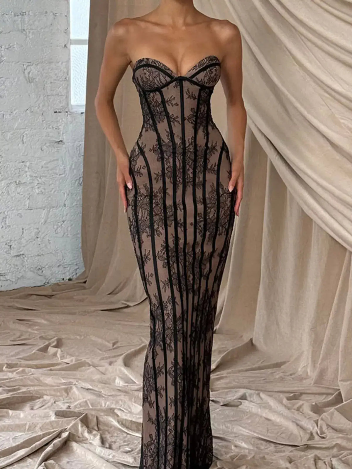 Strapless lace maxi dress with adjustable lace-up back